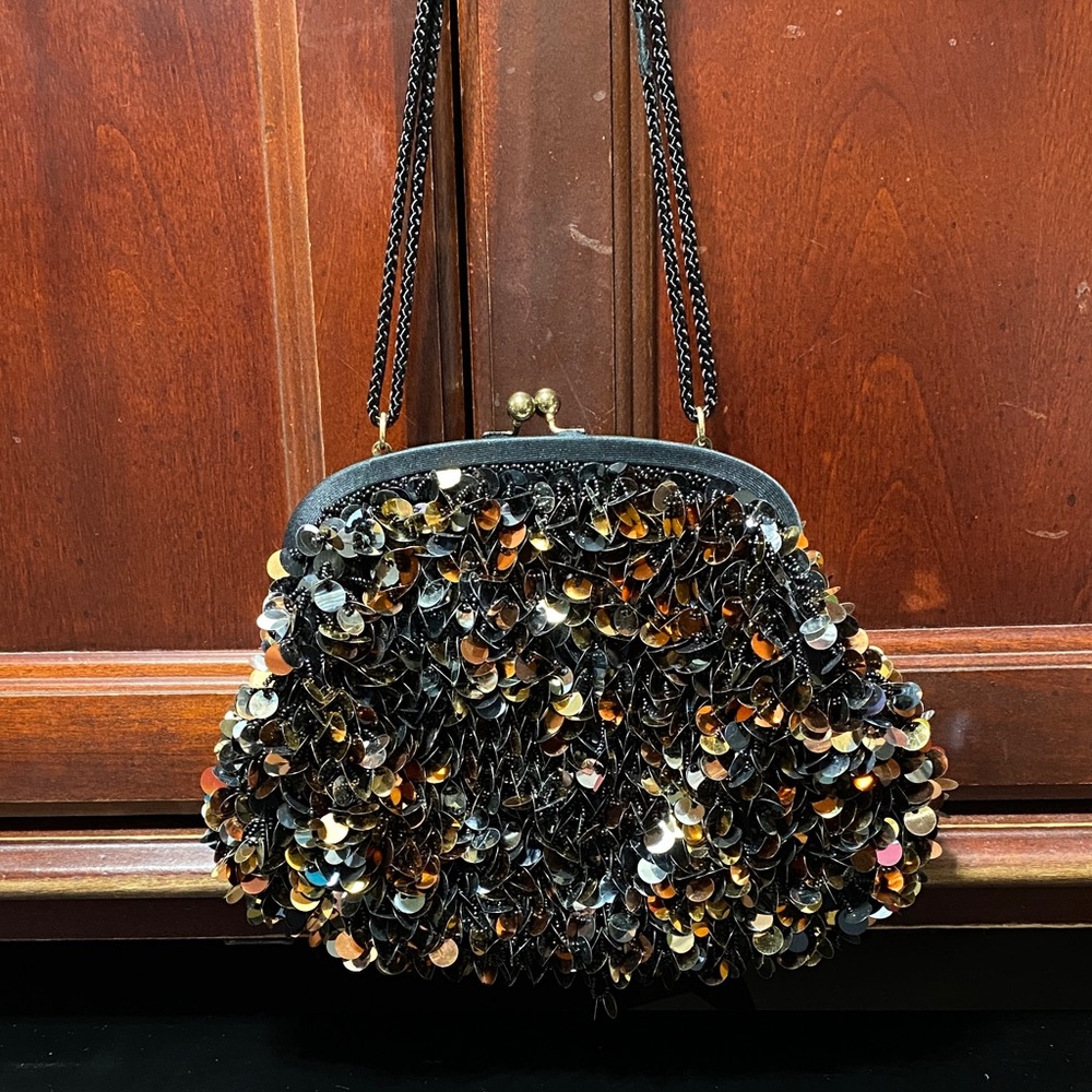 Elegant vintage Carla Marchi Sequin beaded copper silver and gold Evening Bag